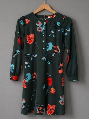 Ann Taylor LOFT Petite Floral Dress Green Red Long Sleeve Back Zipper Size 0P